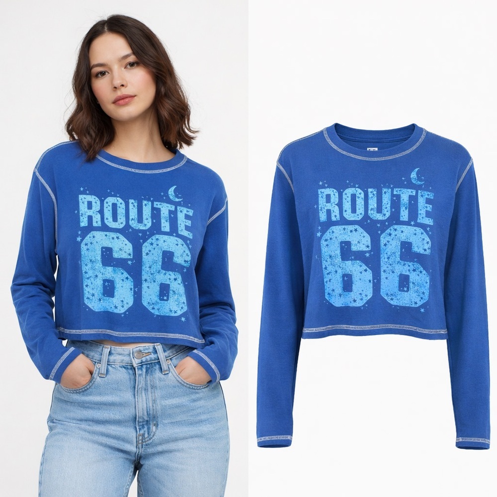 CHASER | Blue Cropped Graphic Sweatshirt | Route 66 | Size S